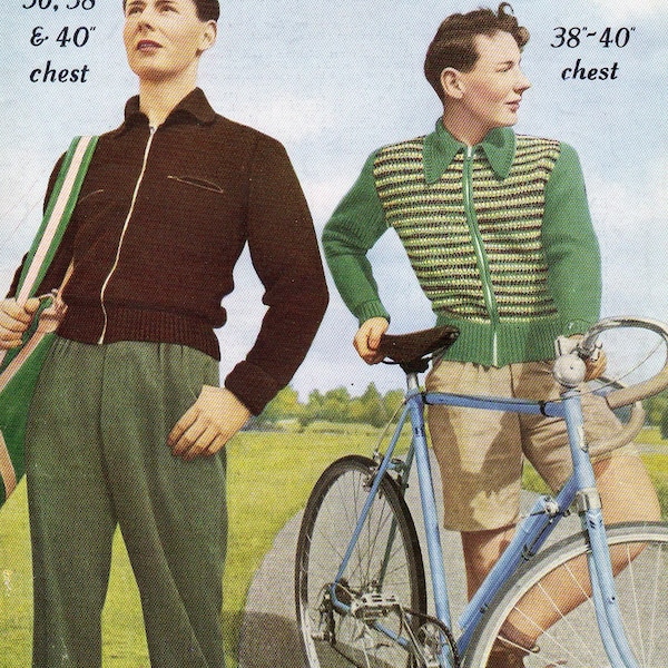 1950er Jahre Herren-Reißverschluss-Jacke Cardigan Bauholz-Jacke mit Reißverschluss-Taschen Strickmuster SOFORTIGER DOWNLOAD