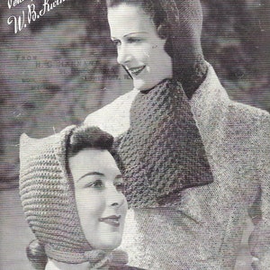 May include: Black and white photograph of two women wearing knitted hats and scarves. The photo is from a vintage knitting pattern booklet. The text on the booklet reads "Penelope Designs in W.B. Knitknit" and "K 993 2p".