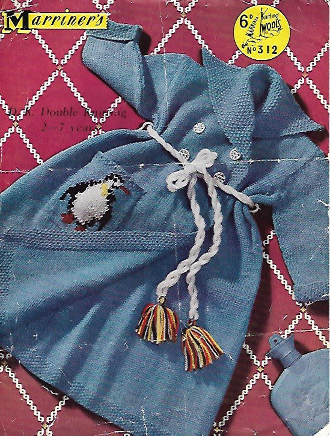 Vintage 1950s Knitting Pattern Childs Dressing Gown With Penguin Motif