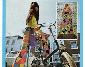 1970s Trendy Fashionable Patchwork Knitted Trousers or Long Skirt Boho Hippie Festival Knitting Pattern Pdf File INSTANT DOWNLOAD