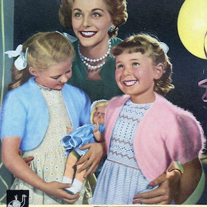 May include: A vintage knitting pattern featuring two girls wearing pink and blue boleros. The pattern is for ages 3-10 and is made with 50% angora and 50% nylon yarn. The pattern is called "Canudown" and is number 581.