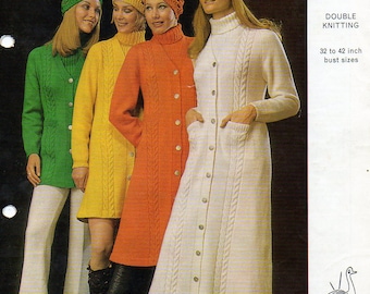 1970s long tunic coat and hats knitting pattern pdf INSTANT DOWNLOAD