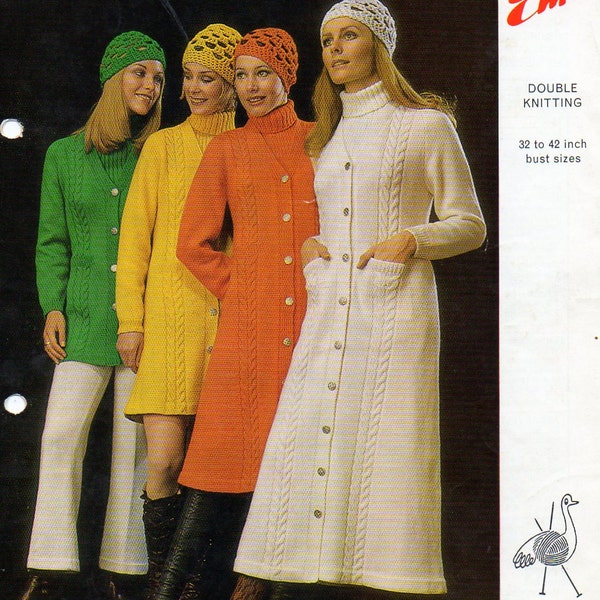 1970s long tunic coat and hats knitting pattern pdf INSTANT DOWNLOAD