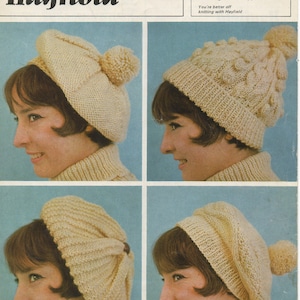 Vintage 1970s Traditional Aran Beret Bobble Cable Hat 4 designs Knitting Pattern pdf INSTANT DOWNLOAD
