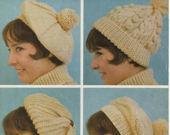 Vintage 1970s Traditional Aran Beret Bobble Cable Hat 4 designs Knitting Pattern pdf INSTANT DOWNLOAD