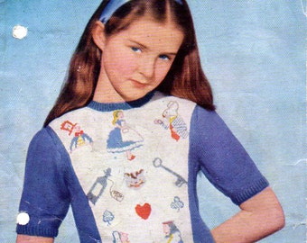 Original 1950s Alice In Wonderland Fair Isle Girls Jumper Sweater Rare Pattern Pdf File INSTANT DOWNLOAD