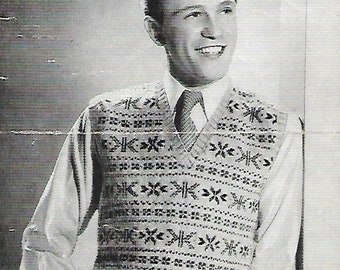 1930s Mens Knit Fair Isle Fairisle Tank Top Sleeveless Jumper Slipover Round neck Knitting Pattern pdf INSTANT DOWNLOAD