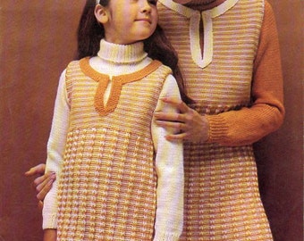 1970s Pinafore Tunic Dress w/ Sweater for teenager and young sister knitting pattern pdf Instant Download