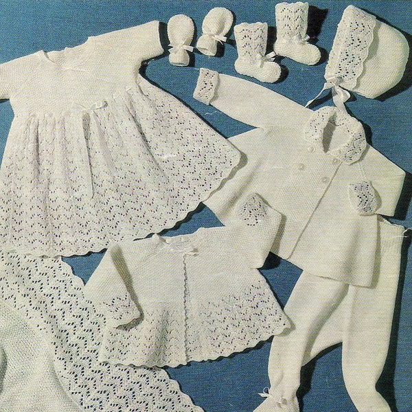 1970s Baby Layette Matinee Coat  Mittens  Bonnet  Pram Coat  Booties Shawl  Legginettes knitting pattern pdf INSTANT DOWNLOAD