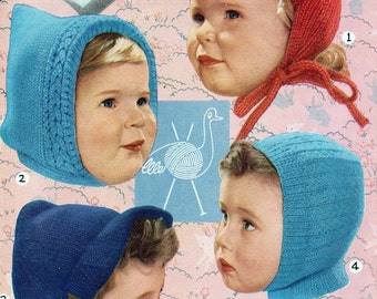 4 vintage childrens Bonnets Pixie Hood Peaked Cap Balaclava Helmet knitting pattern pdf INSTANT DOWNLOAD