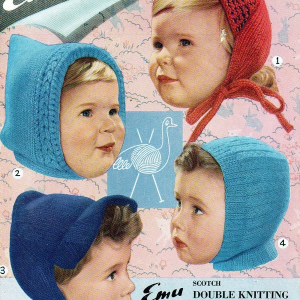 4 vintage childrens Bonnets Pixie Hood Peaked Cap Balaclava Helmet knitting pattern pdf INSTANT DOWNLOAD