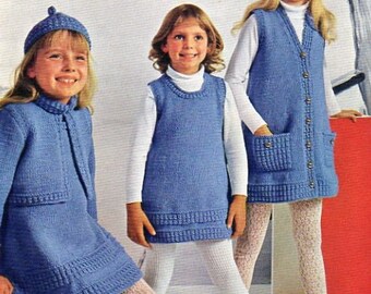 1970s 3 Girls Tunics Hat  Jacket Mini Dress Knitting Pattern pdf No116