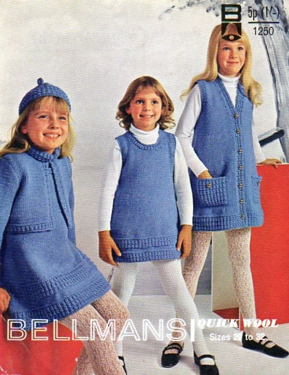 1970s 3 Girls Tunics Hat Jacket Mini Dress Knitting Pattern pdf No116 1970s 3 Girls Tunics Hat Jacket Mini Dress Knitting Pattern pdf No116