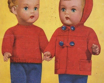 1950s Dolls Clothes Duffle Coat Trousers Shoes Knitting Pattern pdf Instant Download