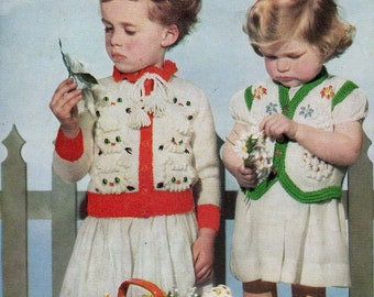 Vintage 1950s knitting pattern girls cardigan waistcoat kittens and flower pot design pdf INSTANT DOWNLOAD