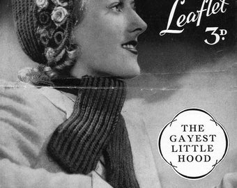 1940s Gayest Little Hood w/ crochet Flower Edge and Pixie Cap Hat Knitting Pattern pdf INSTANT DOWNLOAD