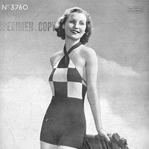 May include: Black and white knitting pattern for a bathing suit. The pattern is called "Lady's Bathing Suit" and is from "Diana" non-shrink knitting. The pattern number is 3760.