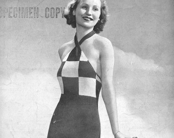 Pode incluir: Padrão de tricô preto e branco para um maiô. O padrão é chamado de "Lady's Bathing Suit" e é de "Diana" tricô não encolhível. O número do padrão é 3760.