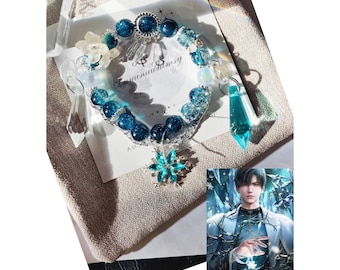 May include: A bracelet with blue and clear beads, a snowflake charm, and crystal pendants. The bracelet is on a card with the text "Luminawhimsy". The image also includes a drawing of a person.