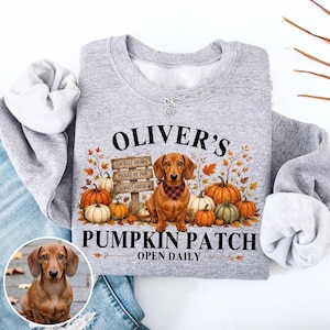 May include: A heather gray crewneck sweatshirt featuring a graphic of a brown dachshund wearing a red and black plaid bandana, surrounded by orange pumpkins and autumn leaves, with the text OLIVER'S PUMPKIN PATCH OPEN DAILY.