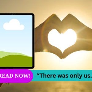 Könnte beinhalten: Ein digitales Tablet mit blauem Himmel und einer weißen Wolke als Hintergrund, grünen Hügeln und dem Text "JETZT LESEN!" in einem rosa Kasten. Zwei Hände bilden ein Herz um eine strahlende Sonne.
