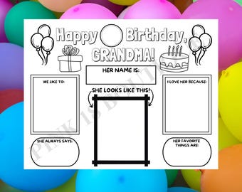 Happy Birthday Grandma Coloring Page, Printable All About Grandma Placemat Activity Sheet, Fill-in-the-Blanks About Grandma
