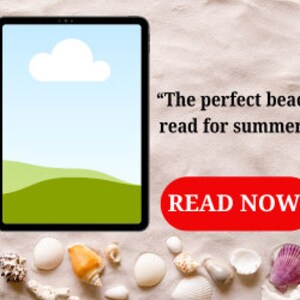 Könnte beinhalten: Ein digitales Tablet mit blauem Himmel und einer weißen Wolke als Hintergrund, grünen Hügeln und dem Text "Die perfekte Strandlektüre für den Sommer!"  Unter dem Tablet befindet sich ein roter Knopf mit dem Text "JETZT LESEN!"