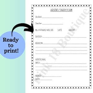 Op de afbeelding: Printbaar afwezigheids-/te laat-formulier met zwarte en witte driehoeken rond de rand. Het formulier bevat velden voor de naam van de leerling, de naam van de leraar, de datum (data), de reden, aanvullende informatie, ondertekend en de datum.