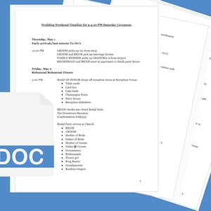 May include: A wedding weekend timeline document with a blue background. The document lists the schedule for the wedding ceremony, including early arrivals, rehearsal dinner, and the bridal party's arrival at the church. A DOC file icon is visible.