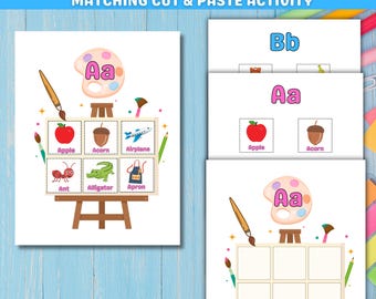 Juego del alfabeto con sonidos iniciales: juego de emparejamiento de letras y palabras de la A a la Z, aprendizaje preescolar, actividad de emparejamiento para niños, lección para la educación en el hogar, fonética.