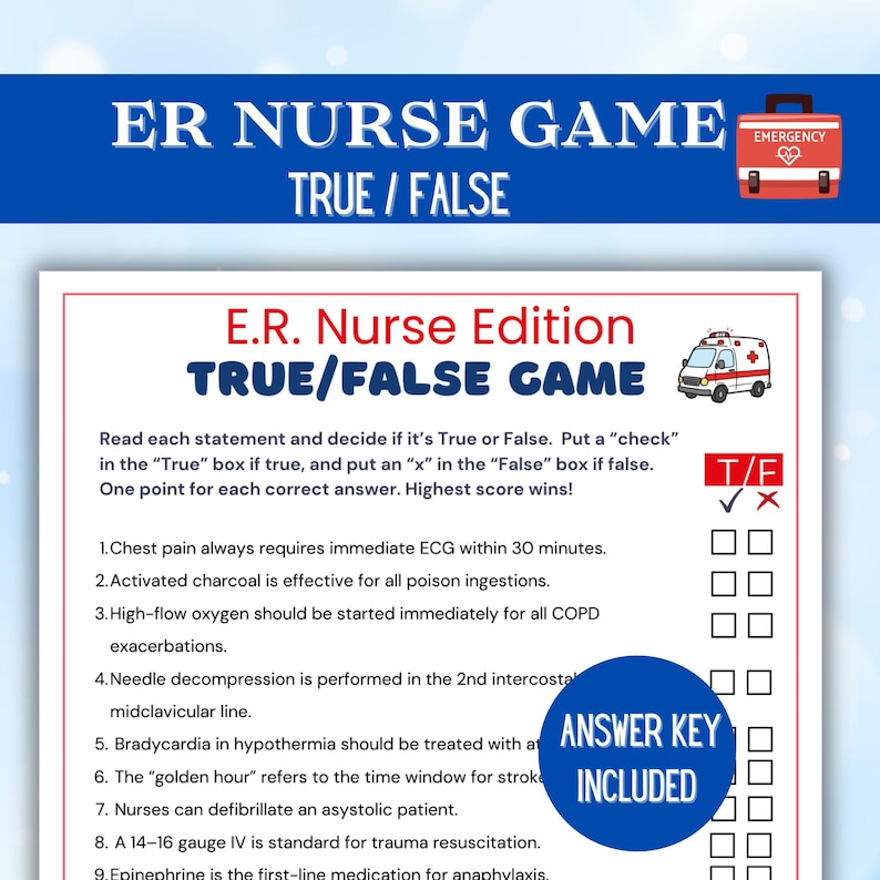 ER Nurse Trivia Game | True or False Printable | RN Party Game ...