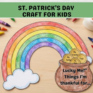 St. Patrick's Day Coloring Craft For Kids, Lucky Rainbow Printable, Thankful Activity, Fill The Pot of Gold And Paste, Preschool, Church