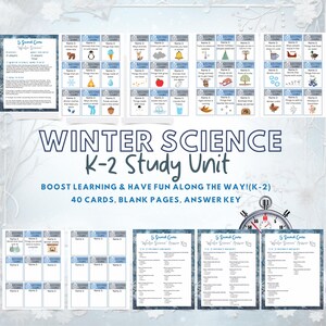 May include: A Winter Science K-2 study unit featuring 40 game cards, blank pages, and an answer key. The cards include prompts like 'Animals that live in cold places' and 'Things that melt' with illustrations. The set includes instructions.