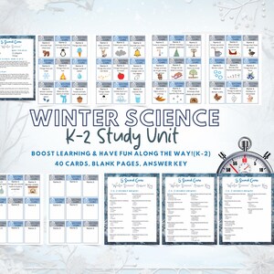 Peut inclure: Unité d'étude scientifique hivernale K-2 avec 40 cartes, des pages vierges et un corrigé. Les cartes présentent des illustrations et du texte sur le thème de l'hiver. Le texte sur l'image indique : "Winter Science K-2 Study Unit".