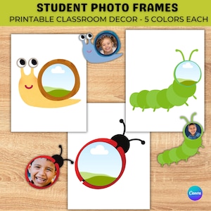 May include: Student photo frames featuring printable classroom decor with insect designs. The set includes a yellow snail, a green caterpillar, and a red ladybug, each with a circular cutout for a photograph. Text reads STUDENT PHOTO FRAMES.