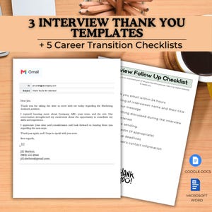 Op de afbeelding: Een digitale documentenset getiteld 3 INTERVIEW THANK YOU TEMPLATES + 5 Career Transition Checklists. Het bevat een bedankbrief in Gmail-indeling aan Jim van Jill Shelton en een checklist voor het opvolgen van sollicitatiegesprekken.