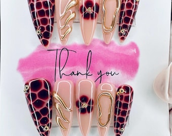 Fall Gold and Brown Press On Nails with Chrome Gold Accents/Trendy Nails/Embellished Nails/Croc Print/Freestyle Nail Set