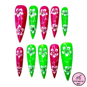 Hibiscus Nails/Flower Nails/Vacation Nails/Summer Nails/Trendy Nails/Pink/Green/Press On Nails/Stiletto Nails