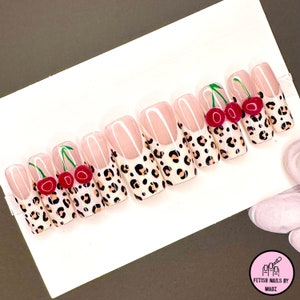 3D Cherry Nails | Leopard Press On Nails | Press Ons | Custom Nails | Leopard Print | Cherry design | Summer Nails
