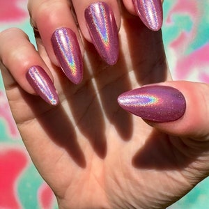 Holographic Pink Almond Press on Nails