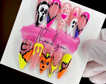 Fantômes effrayants Halloween presse sur les ongles/ongles fantômes/ongles automne/ongles girly/ongles gothiques/ongles peints à la main/ongles Halloween/potiron/néon/cristal