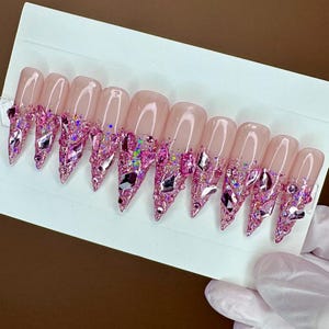Valentines Day Nails/Pink Crystal Press On Nails/barbie nails/birthday nails/embellished nails/bling/trendy nails/Ombre/glitter/Rhinestones