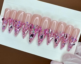 Valentines Day Nails/Pink Crystal Press On Nails/barbie nails/birthday nails/embellished nails/bling/trendy nails/Ombre/glitter/Rhinestones