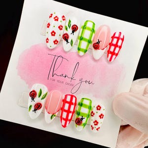 Spring Nails/Lady Bug Nails/Press On Nails/3D/Bug Nails/Easter Nails/Red/Green/White/Plaid/Flower Nails/Luxury Press On Nails/Summer Nails