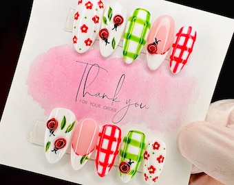 3D Ladybug Press On Nails: Spring Plaid Flower Nail Set