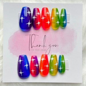 Rainbow Nails with Stars | Press On Nails | Jelly Nails | Ombre Nails | Star Nails | Medium Coffin Nails | Press On Nails | Summer Nails