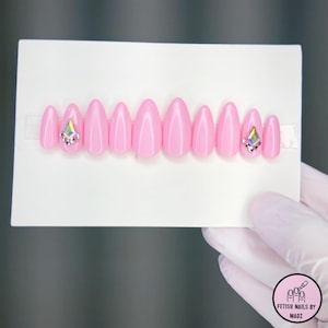Pastel Pink Almond Press On Nails w/Crystal Accents, barbie. nails, crystal nails, pastel pink nails