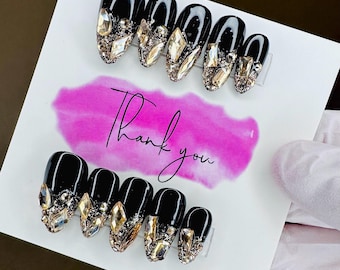 Schwarz & Goldkristall Drücken Sie auf die Nägel: Verzierter Bling Glamour