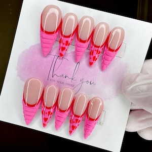Heart Nails/Valentines Day Press On Nails/Sweater Nails/Animal Print Nails/Press On Nails/Custom Press Ons/Vday Nails/Pink/Red/Xoxo Nails