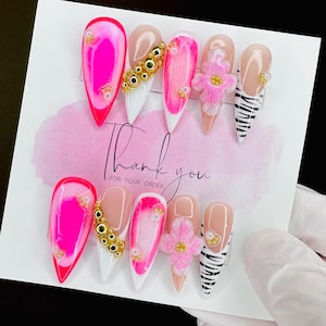 Pink Summer Press On Nails | 3D Nails | Mix & Match Nails | Gold Nails | Summer Nails | Custom Nails | Barbie Nails | Embellished Nails